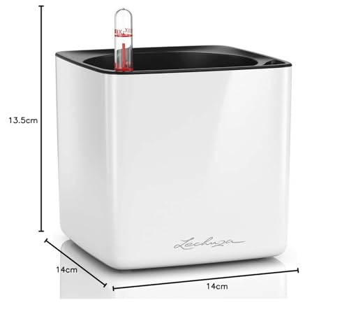 LECHUZA Self Watering Plant Pots Indoor CUBE Glossy 14 Small Plastic Planter without Drainage Hole H14 L14 W14 cm White High-Gloss