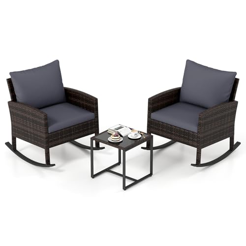 COSTWAY 3-Piece Rattan Rocking Bistro Set with Cushions