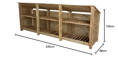 Arbor Garden Solutions wooden log store 4ft, firewood storage (W-335cm, H-126cm, D-88cm), natural finish (With kindling shelf (roof sloping back))