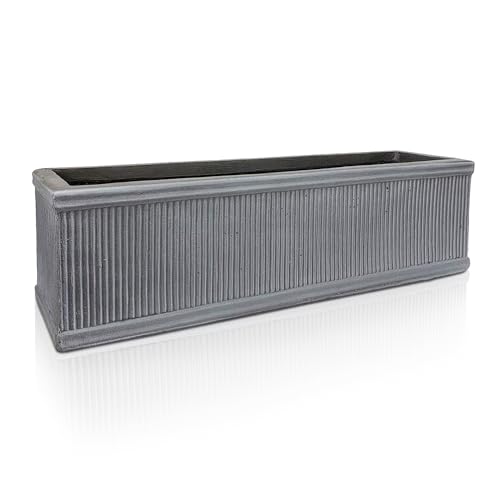 IDEALIST Large 60cm Long Window Boxes with Drainage Holes | Ribbed Reinforced Stone Windowsill Planter | Vintage Leaden Grey Rectangular Plant Pot H17 L60 W17 cm, 8.3 litres