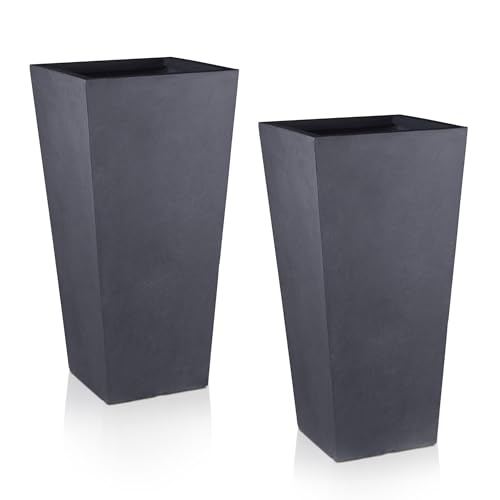 IDEALIST Set of 2 Small 50.5cm Tall Planter for Garden | Dark Grey Reinforced Stone Tapered Square Planter | Outdoor Pots with Drainage Holes L24.5 W24.5 H50.5 cm, 18 litres