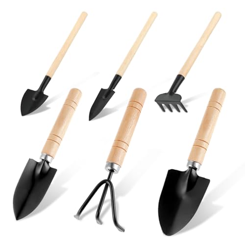 Sibba 6 Pcs Garden Tools Set Mini Miniature Shovel Indoor Succulent Home Tiny Gardening Kit Plant Potted Repotting Flower Wood Handle Care Transplant Accessories Potted Houseplant