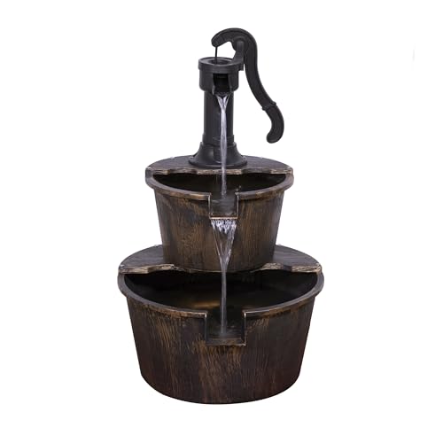 Alpine Corporation 69 cm Tall 2-Tier Barrel and Pump Waterfall Fountain, Bronze Finish