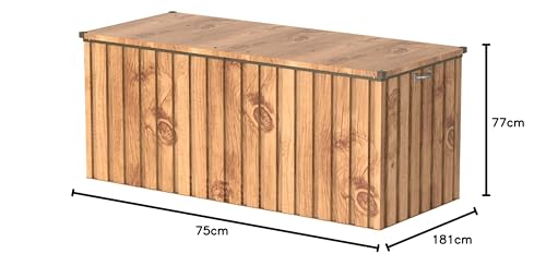 Duramax DH 1.7 Metal Cushion Box (770 L) with Hydraulic Gas Cylinder & Padlock Eye, Outdoor Deck Box and Garden Furniture Organizer, Woodgrain & Brown Trimmings