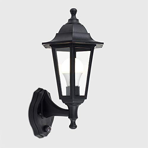 MiniSun | Traditional Style Black Security PIR Motion Sensor Wall Lantern | Outdoor Wall Lights, Home Décor & Improvement Essential | Includes 10W LED Bulb [3000K Warm White]