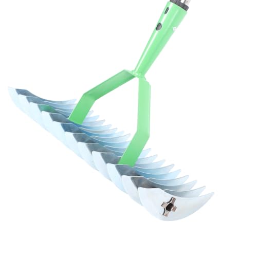 Stainless Steel Thatch Rake with Curved Steel Tines, Dethatcher Lawn Rake for Clearing Dead Grass, Ergonomic Handle, 3 Sections Rods, for Thatching, Fertilizing, Reseeding Tilling