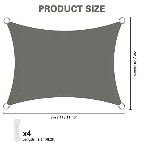 OFFCUP Sun Shade Sail, 2m x 3m Rectangle Awning Canopy, 160gsm Waterproof Shade Sail Garden Sun Sail Patio Canopy 95% UV Block with Free Rope, for Outdoors, Garden, Patio, Yard, Party (Grey)
