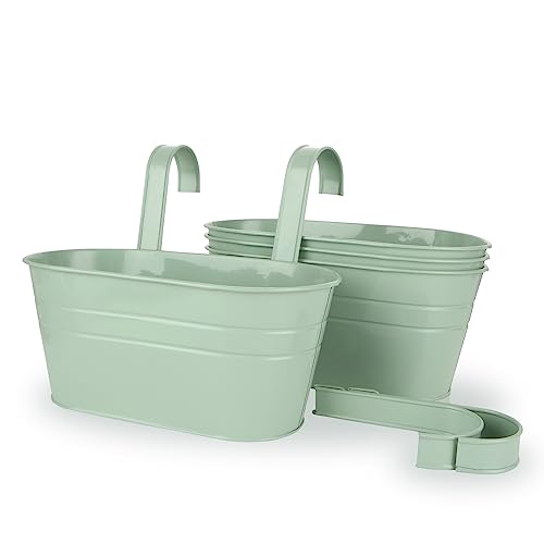 APACALI 4 PCS Metal Hanging Flower Pots, 27cm Over Fence Planters, Balcony Planters for Railing, Fence Hanging Planters with Detachable Hooks, Hanging Plant Pots Outdoor for Fence, Garden, Home, Green