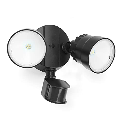 LUTEC Security Light Outside Lights with Sensor Outdoor Wall Lights Integrated Twin Heads Flood Light, Exterior for Yard Black 5000K 1250LM