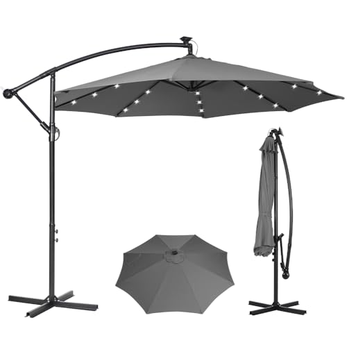Panana 3M Garden Cantilever Parasol with 24 Solar Powered LED Lights Outdoor Banana Hanging Umbrella with Crank Mechanism Sun Shade Canopy for Poolside, Deck, Patio and Balcony Dark Grey