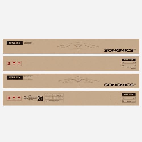 SONGMICS Parasol 300 cm with LED Solar Lighting, 32 LED Lights, UV Protection UPF 50-, 30° Bendable, for Garden, Patio, Pool, Balcony, without Stand, Grey GPU33GY