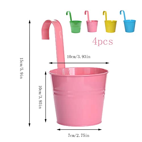 Garden Pots, 4PCS Metal Flower Hanging Plant Pots Mini Baskets Bucket With Detachable Handle for Seedlings Fence Balcony Outdoor Wall Decor