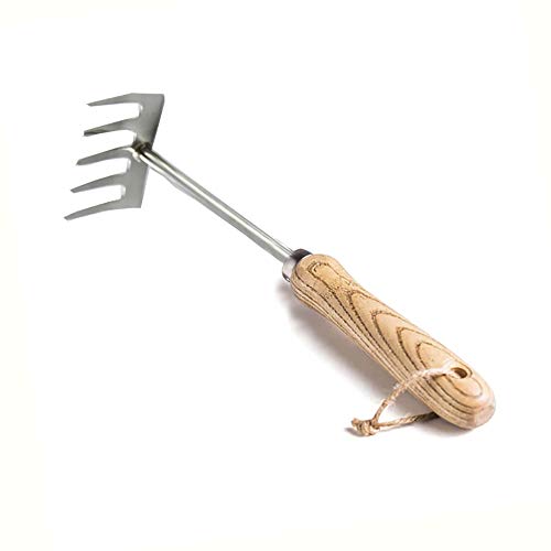 Garden Rake with 5 Steel Tines - Ergonomic Wooden Handle - Ideal for Weeding and Loosening Soil