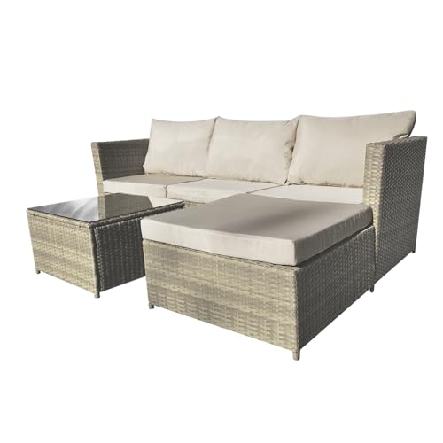 COZYBRITE Garden Corner Sofa Rattan Furniture Set 4 Seater Patio Outdoor Lounge Settee with Glass Coffee Table & Cover All-weather SFS066 (Mix Brown Rattan-Brown Cushion)