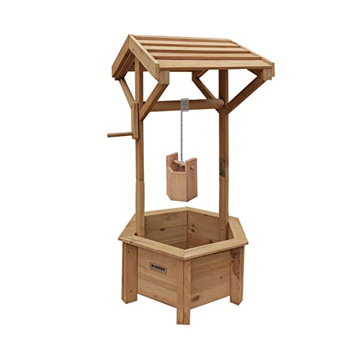 Vivo Technologies Wooden Wishing Well Planter for Garden, Wishing Well Garden Feature Outdoor Flower Pot Backyard Garden Decor, Natural