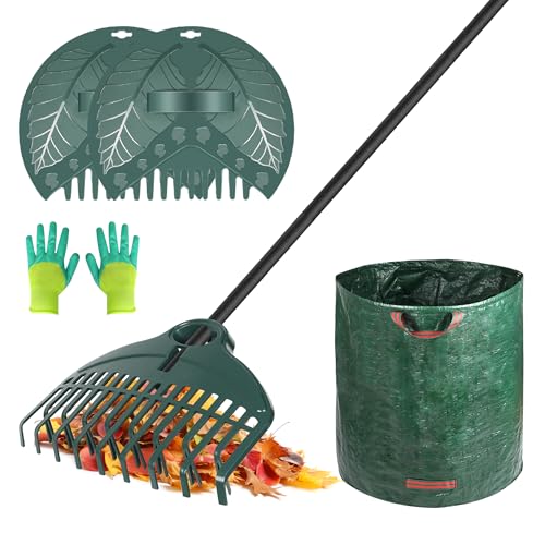 ORIENTOOLS Garden Rake Set, with Lightweight Dual-Tine Rake 160 cm, Leaf Scoop, Gloves, and Garden Bag, for Lawn Care and Leaf Cleanup