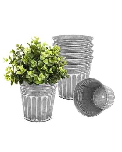 vensovo 6 Inch Galvanized Planters for Outdoor Plants - 6Pcs Silver Metal Rustic Flower Plant Pots with Drain Hole and Rubber Stopper, Rustproof Metal Bucket Planters Vintage Style for Indoor Decor
