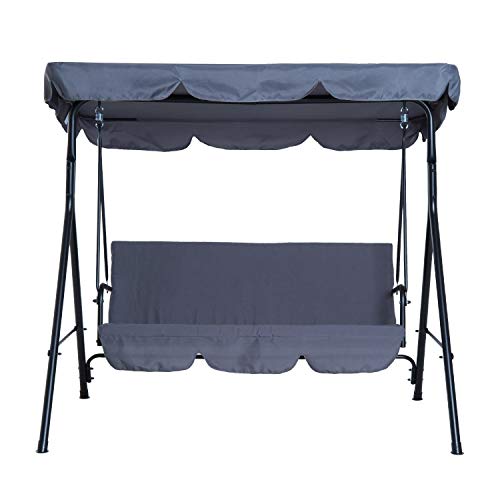 Outsunny 3 Seater Canopy Swing Chair Garden Rocking Bench Heavy Duty Patio Metal Seat w/Top Roof - Grey