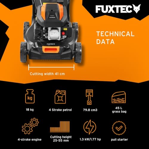 FUXTEC FX-RM4180 Petrol Lawnmower – Hand Push Lawn Mower -16" Cutting Width, Lightweight & Compact, 45L Grass Collector, Easy to Maneuver, Great for Small to Medium Lawns