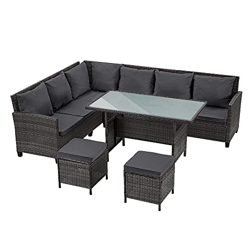 Panana 8-Seater Rattan Corner Sofa Set with Table & Stool, Outdoor Wicker Patio Lounge Furniture Set for Garden, Patio, Balcony, and Conservatory (Mixed Grey Wicker with Grey Cushions)
