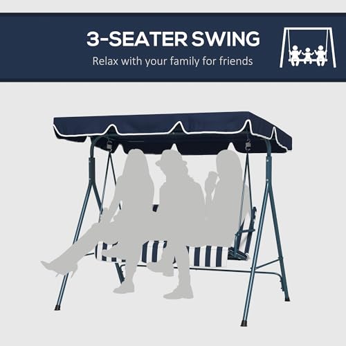 Outsunny 3 Seater Garden Swing Chair with Adjustable Tilting Canopy, Outdoor Hammock Bench with Steel Frame, Padded Seat for Patio Yard Outside, Blue