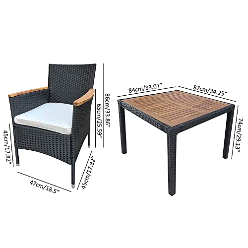 Panana 5 Piece Patio Rattan Dining Set, Wicker Garden Table and Stackable Chairs Set with Wood Table Top, Removable Cushions Balcony, Backyard, Poolside Outdoor