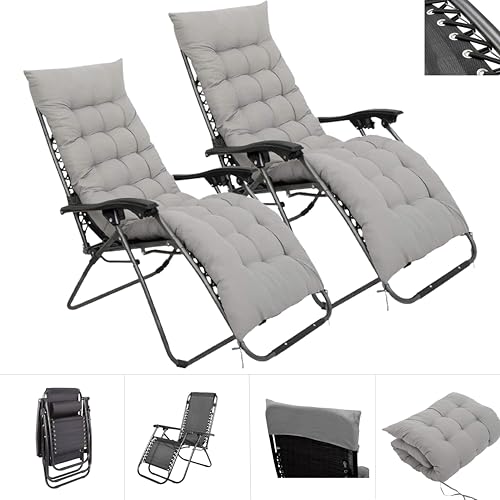 XEO HOME 2pcs Sun Lounger Chairs with Cushions Padded Set of 2 Zero Gravity Reclining Foldable Chair Portable Garden Camping Thick Comfortable Non-Slip Relaxer (Black With Beige Grey Cushions)