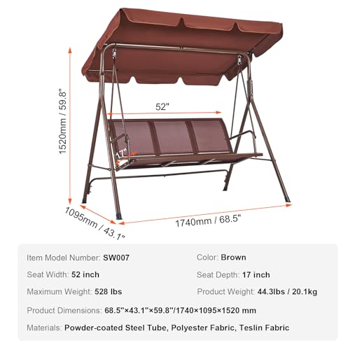 VEVOR 3-Seat Patio Swing Chair, Outdoor Patio Swing with Adjustable Canopy, Porch Swing with Armrests, Teslin Fabric and Alloy Steel Frame, for Balcony, Backyard, Patio, Garden, Poolside, Brown