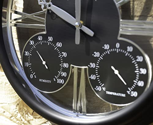 Homezone Large Black garden clock with thermometer and barometer - Battery Power Operated Quartz Waterproof Weatherproof Garden Clock - Black Indoor or Outdoor Weather Station for Garden Patio