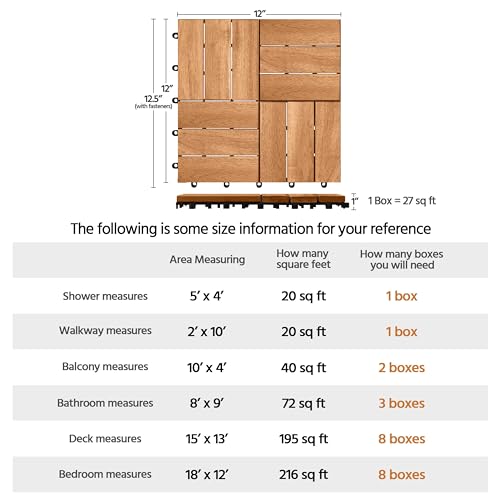 Yaheetech 1 Pack Acacia Wood Interlocking Patio Deck Tiles, Waterproof Solid Flooring Tiles for Indoor Outdoor, 31 cm W × 31 cm L Garden Deck for Patio Garden Poolside All Weather Use, Total 27pcs