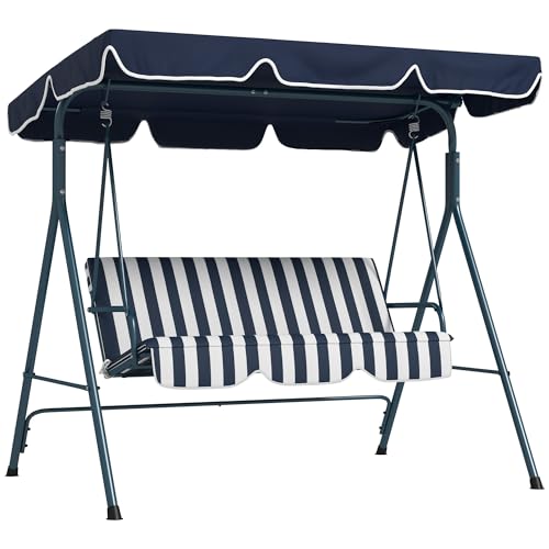 Outsunny 3 Seater Garden Swing Chair with Adjustable Tilting Canopy, Outdoor Hammock Bench with Steel Frame, Padded Seat for Patio Yard Outside, Blue