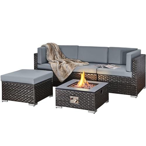 Aweather 4 Seater Corner Rattan Set with Fire Pit