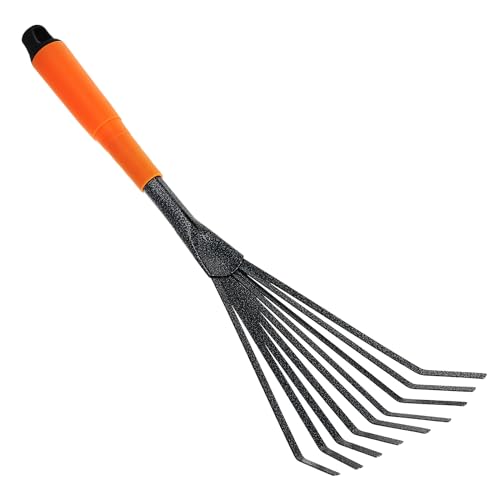 SINJEUN 4 PCS Mini Garden Rakes, 9 Claws A3 Steel Hand Leaf Rakes with Orange Black Handle, Fallen Leaves Rakes for Gardening