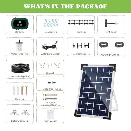 Irrigation System Kit,Solar Drip Irrigation System 20 Drippers,Multiple Combinations of Automatic Watering System with 20M irrigation pipes Self Watering System for Plants,Greenhouse,Garden,Balcony