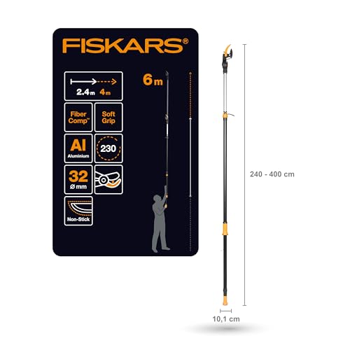 Fiskars PowerGear X Telescopic Tree Pruner UPX86, Non-stick Coated, Steel Blade/Aluminium Handle, Length 2.4 - 4 m, Black/Orange, 1023624