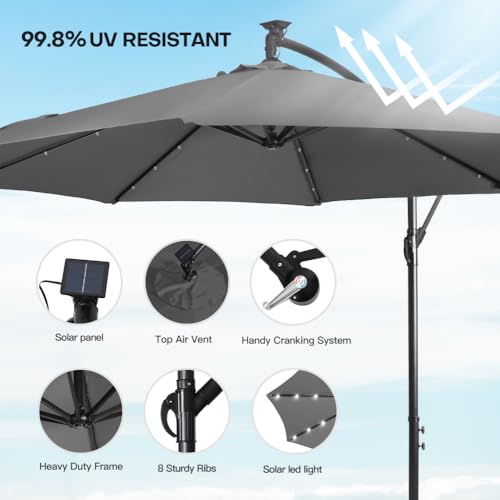 Panana 3M Garden Cantilever Parasol with 24 Solar Powered LED Lights Outdoor Banana Hanging Umbrella with Crank Mechanism Sun Shade Canopy for Poolside, Deck, Patio and Balcony Dark Grey