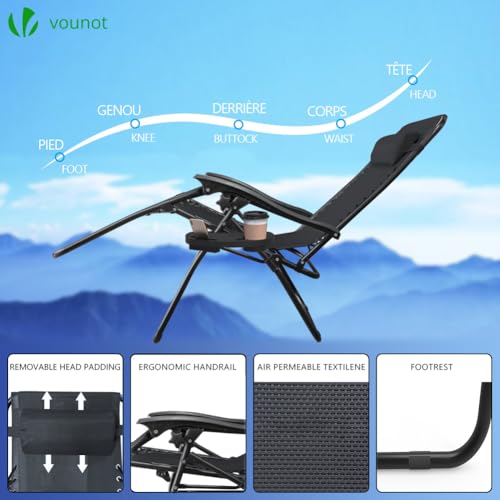 VOUNOT® Zero Gravity Chair, Deck Folding Recliner Sun Loungers Outdoor Chair with Cup and Phone Holder, Black