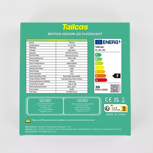 Tailcas Security Lights Outdoor Motion Sensor, 30W PIR Security Light with Remote Control, IP66 Waterproof Lights, 2700LM LED Floodlights Mains Powered for Garden,Yard, Garage