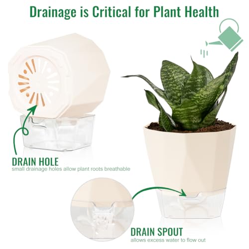 Olrla Self Watering Planter Pots 17cm, Set of 4 plastic planter with Drainage Hole and Deep Reservoir for indoor and outdoor flowers plants planting, 4 colors
