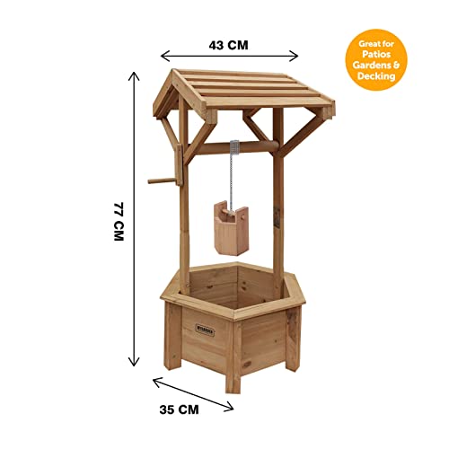 Vivo Technologies Wooden Wishing Well Planter for Garden, Wishing Well Garden Feature Outdoor Flower Pot Backyard Garden Decor, Natural