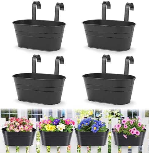 LATERN 4Pcs Metal Hanging Flower Pots, 27.5cm Large Plant Pots Hanging Flower Bucket with Detachable Hook for Balcony Fence Garden Home Decor (Black)