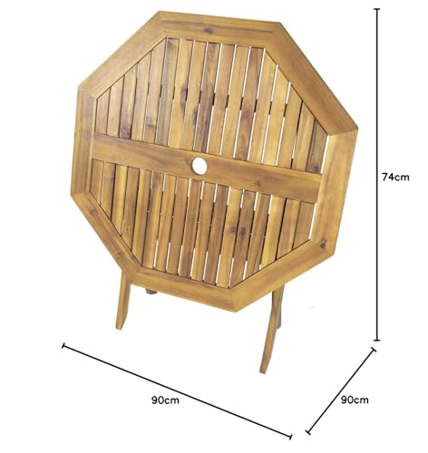 Charles Bentley FSC Hardwood Octagonal Dining Table, Folding, Space Saving, Central Parasol Hole, Acacia Hardwood, Oil Coated, Natural Colour, Garden, Patio, Family, Traditional Design, (90x90x74cm)