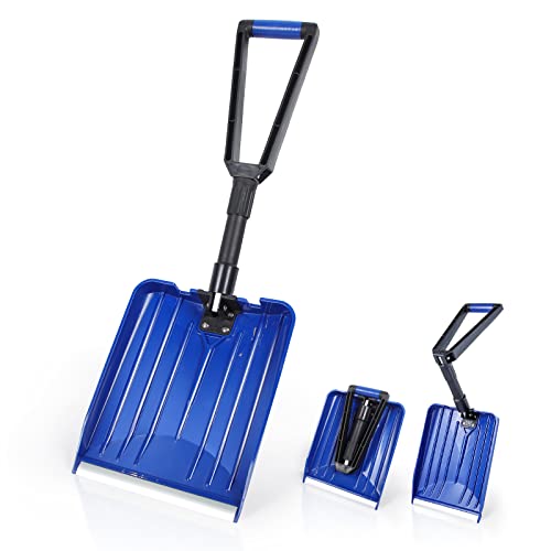 ORIENTOOLS Folding Snow Shovel,Portable Snow Showel with Collapse D Grip,Lightweight Portable Plough for Car(Blue, Length: 33-80cm, Blade: 28x33cm)