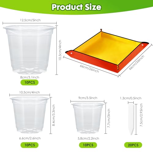 Mactoou 30Pcs Plastic Plant Pots with Repotting Mat, 8.9cm 10.2cm 12.7cm Orchid Pot with Holes, Clear Nursery Pots with 20pcs Plant Labels, 66cm x 66cm PE Planting Mat for Indoor Garden Plants