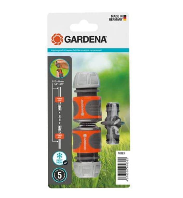 Gardena Coupling Set: Hose Coupling for Hose Extension 13 mm (1/2 inch) and 15 mm (5/8 inch), Works with high Water Pressure, Easy Installation (18283-20)