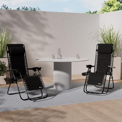 SUNMER Set of 2 Sun Lounger Garden Chairs With Cup And Phone Holder | Adjustable Headrest Pillow | Deck Folding Recliner Zero Gravity Outdoor Chair - Black