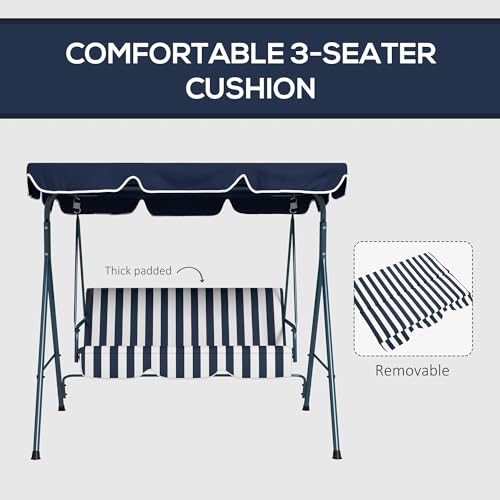 Outsunny 3 Seater Garden Swing Chair with Adjustable Tilting Canopy, Outdoor Hammock Bench with Steel Frame, Padded Seat for Patio Yard Outside, Blue