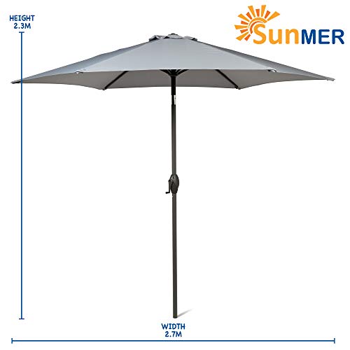 SUNMER 2.7M Grey Parasol Garden Umbrella Sun Shading | Water Repellent Polyester 180 g/m² (UV 30-)| Easy to Open and Close Crank Mechanism | Pole Width ø 38 mm (Excl. Base)
