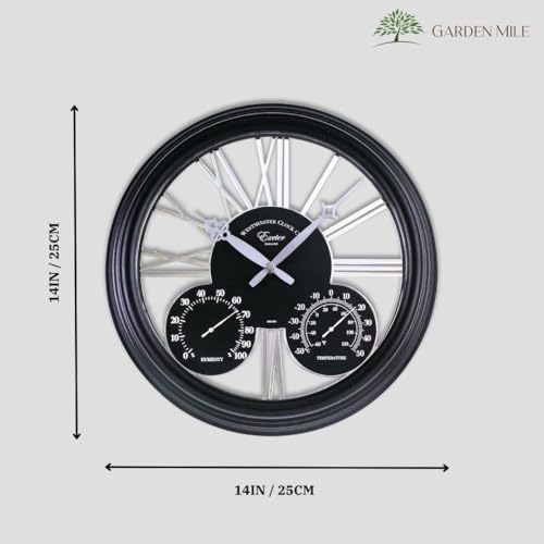 Homezone Large Black garden clock with thermometer and barometer - Battery Power Operated Quartz Waterproof Weatherproof Garden Clock - Black Indoor or Outdoor Weather Station for Garden Patio