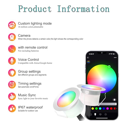GEYUEYA Home RGB WiFi Led Decking Lights Ø31MM Deck Light with Remote Control,Waterproof IP67 12V Led Plinth Light Kits for Terrace Pathway Garden Decoration,10 Packs